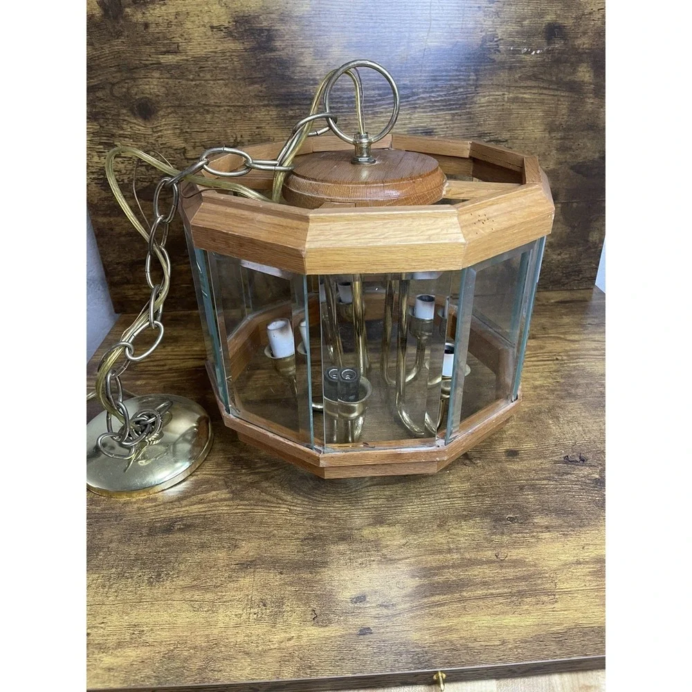 Wood & Smoked Glass Panel Hanging Pendant Swag 5 Lights VTG Mid Century Modern